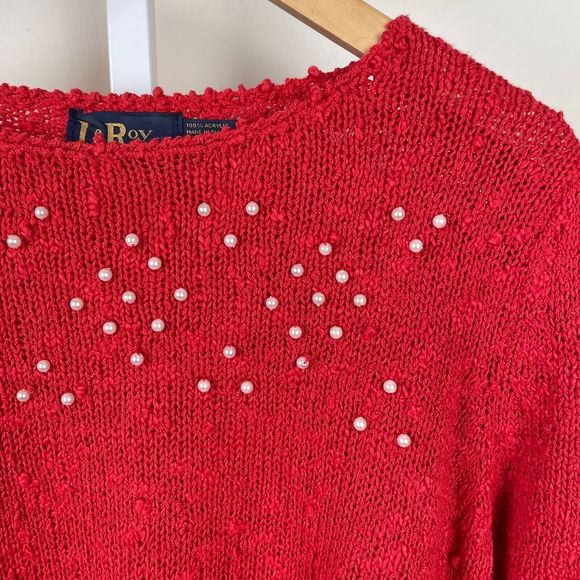 Le‎ Roy Knitwear Vintage 80s Red Sweater Pearl Beaded Long Sleeve Womens XL - Picture 1 of 5